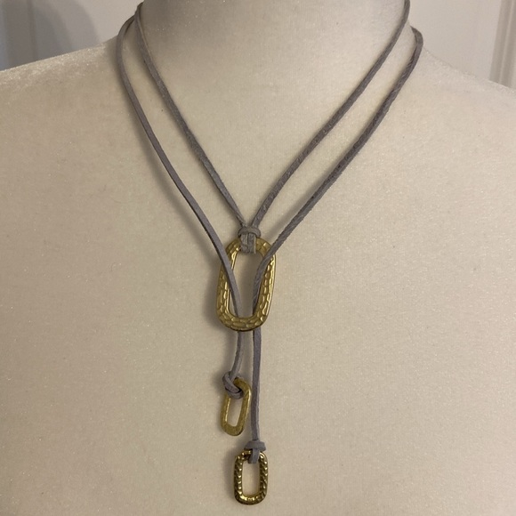 Light Blue Leather and Gold Metal Lariat Style Necklace. - Picture 4 of 6